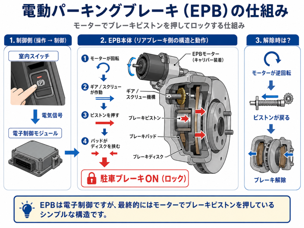 電動パーキングブレーキ（EPB）の仕組み